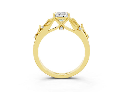 Yellow gold Pear Cut Moissanite Solitaire Ring with Leaf Motif Band and Four-Prong Setting_3