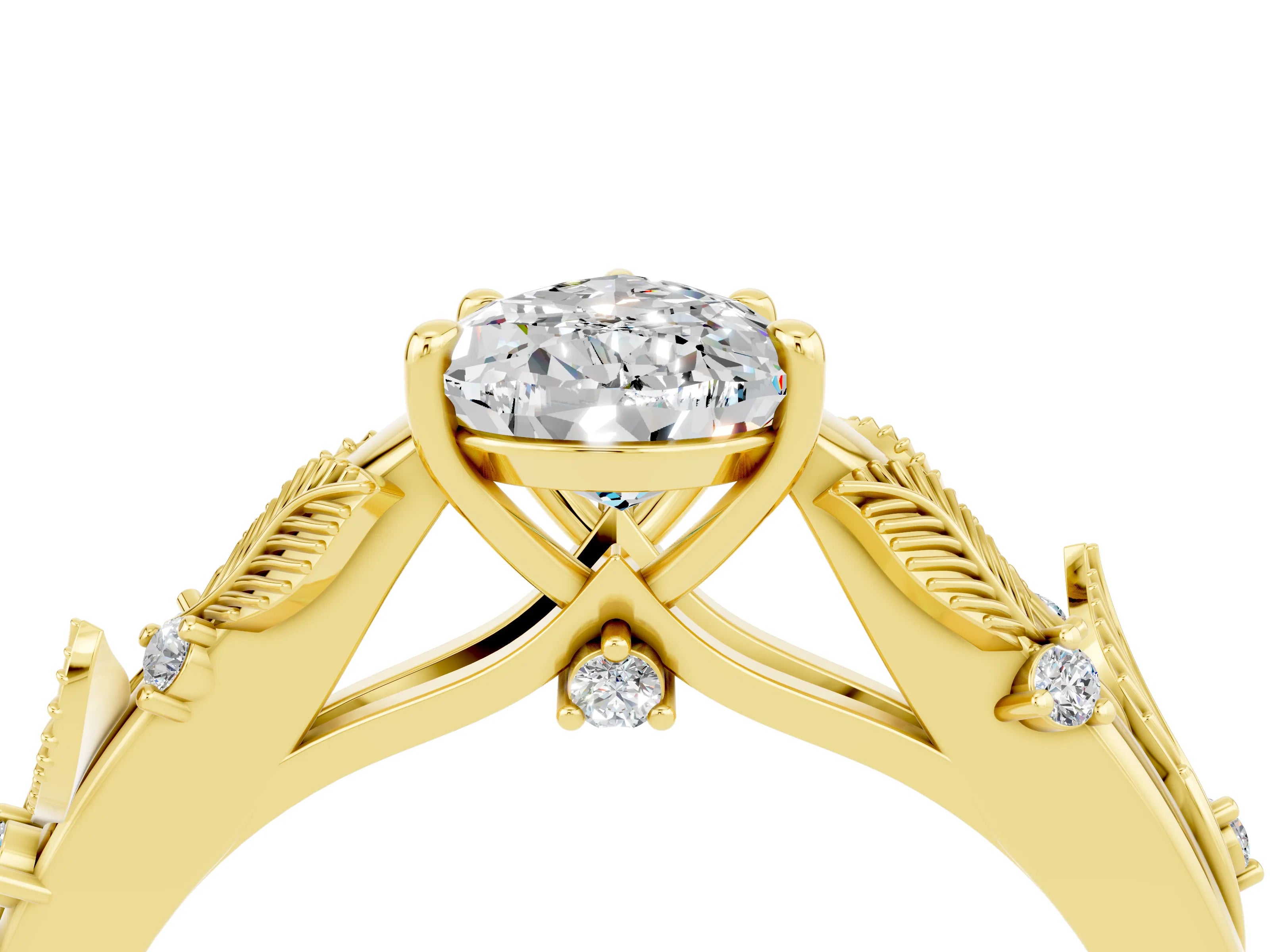 Yellow gold Pear Cut Moissanite Solitaire Ring with Leaf Motif Band and Four-Prong Setting_4