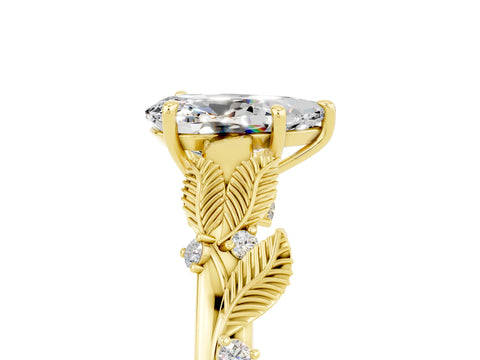 Yellow gold Pear Cut Moissanite Solitaire Ring with Leaf Motif Band and Four-Prong Setting_5