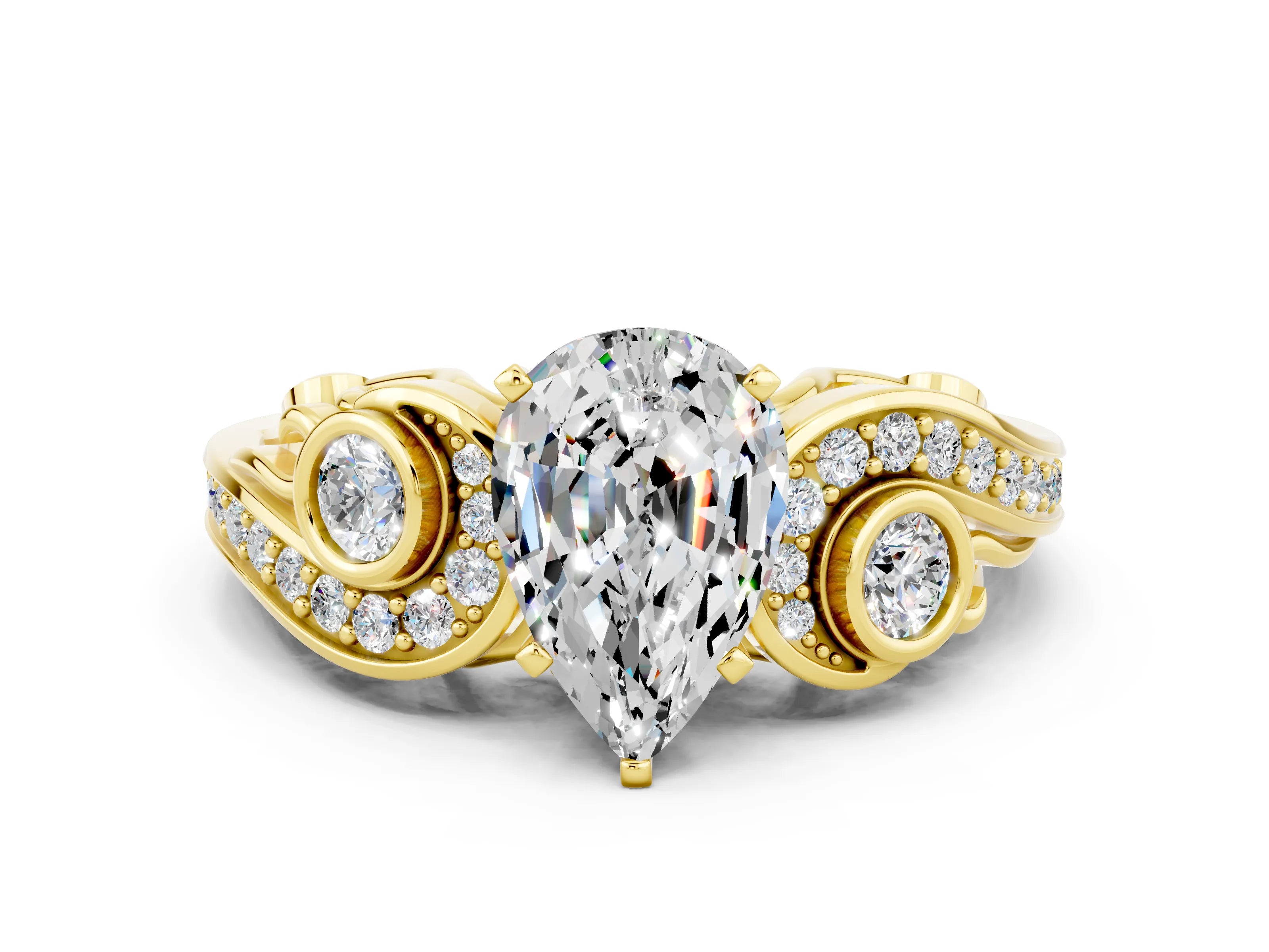 Yellow gold Pear Cut Moissanite Solitaire Ring with Milgrain Pavé Band and Four-Prong Setting_36