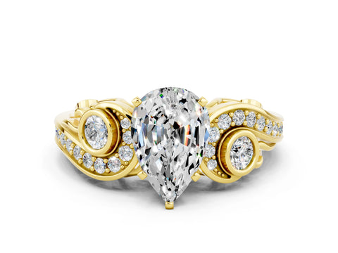 Yellow gold Pear Cut Moissanite Solitaire Ring with Milgrain Pavé Band and Four-Prong Setting_36