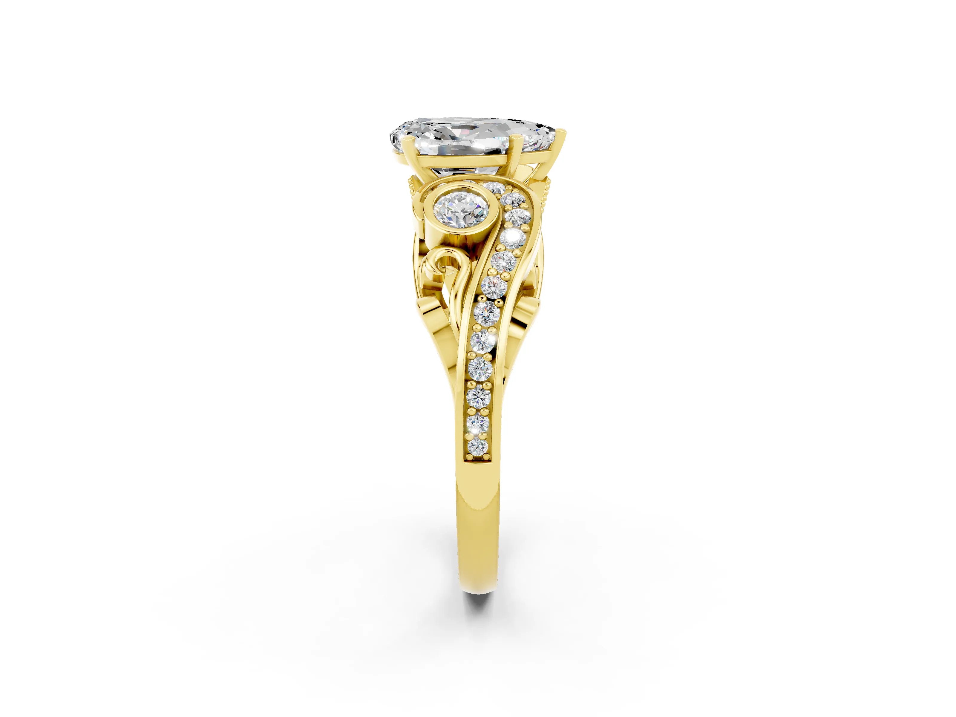 Yellow gold Pear Cut Moissanite Solitaire Ring with Milgrain Pavé Band and Four-Prong Setting_38