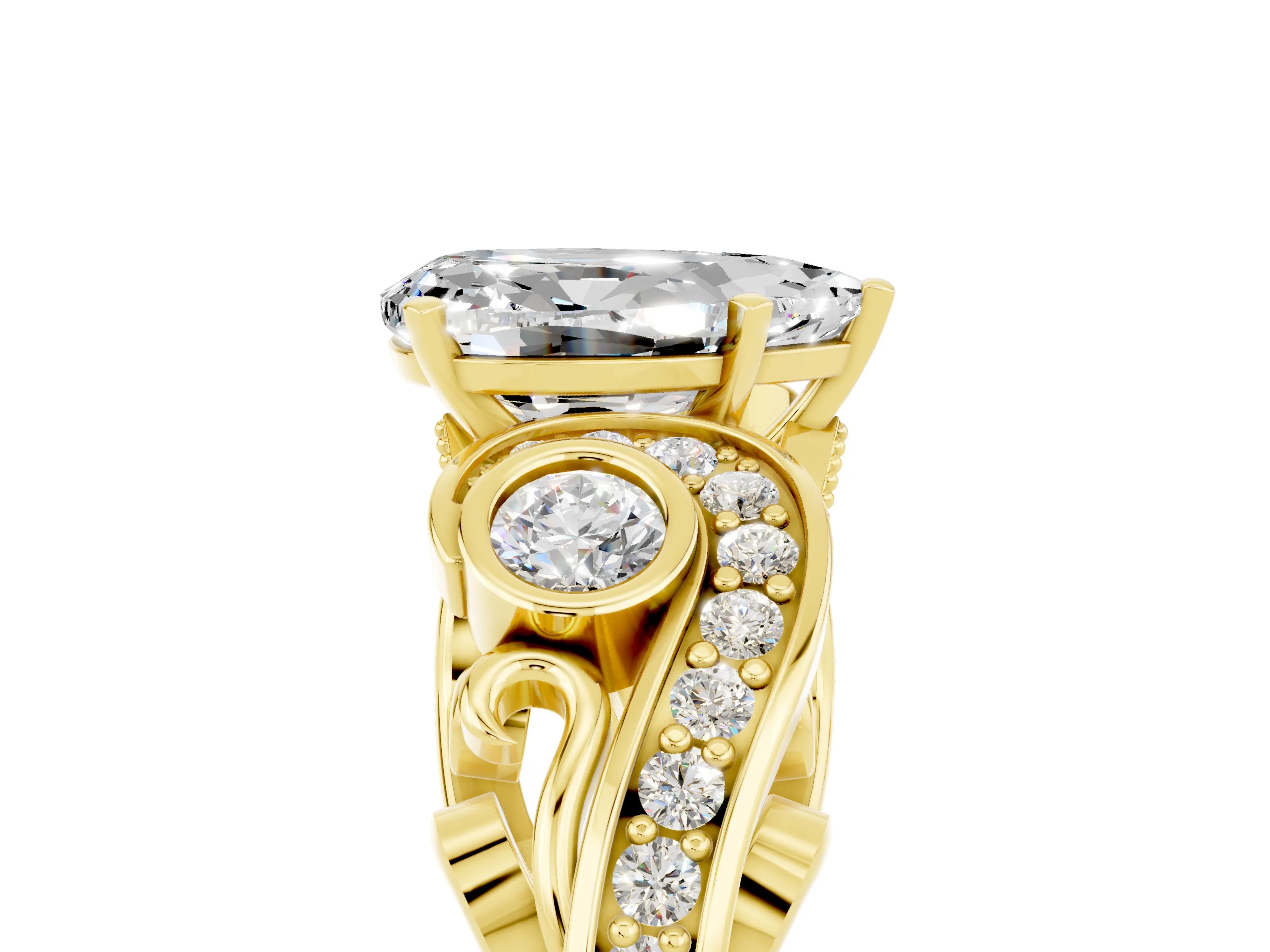Yellow gold Pear Cut Moissanite Solitaire Ring with Milgrain Pavé Band and Four-Prong Setting_41
