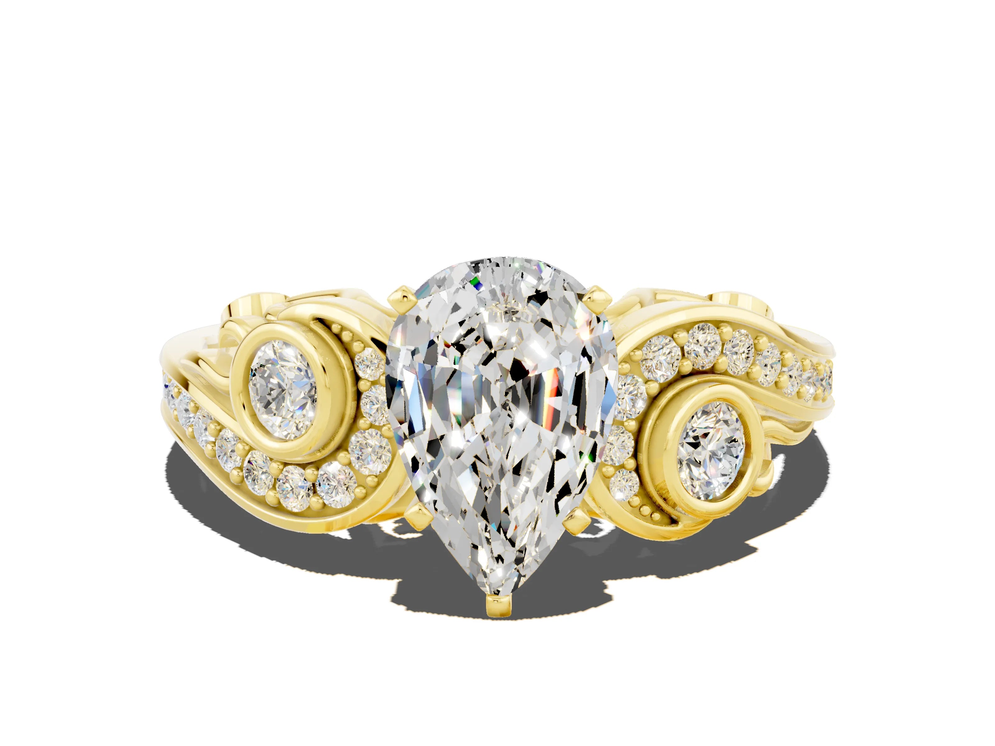 Yellow gold Pear Cut Moissanite Solitaire Ring with Milgrain Pavé Band and Four-Prong Setting_48