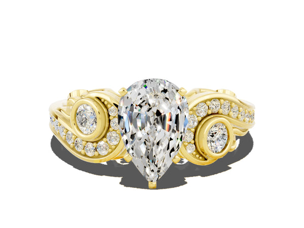 Yellow gold Pear Cut Moissanite Solitaire Ring with Milgrain Pavé Band and Four-Prong Setting