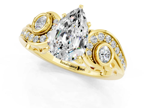 Yellow gold Pear Cut Moissanite Solitaire Ring with Milgrain Pavé Band and Four-Prong Setting_49