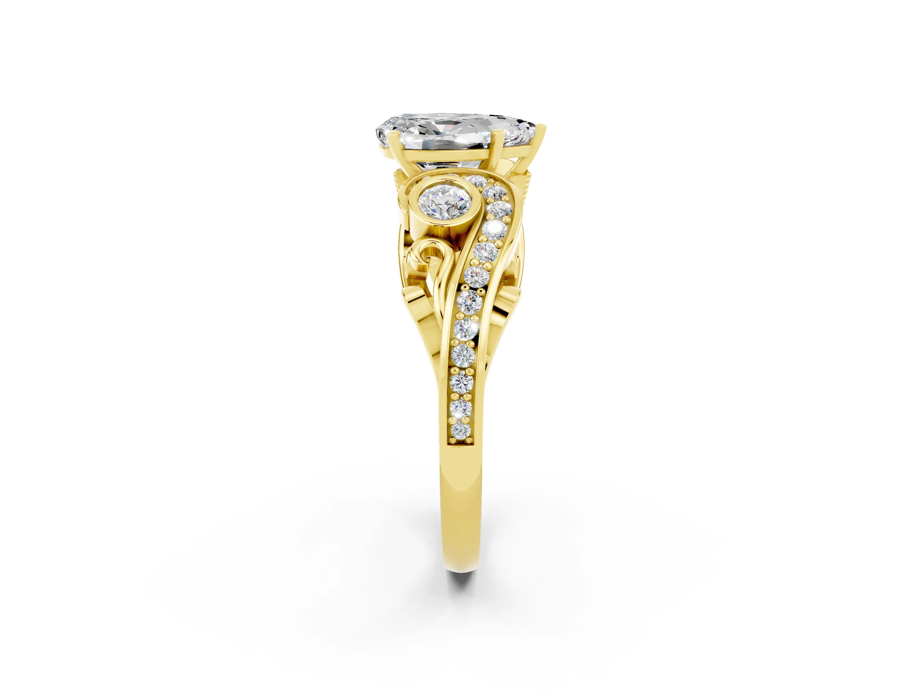 Yellow gold Pear Cut Moissanite Solitaire Ring with Milgrain Pavé Band and Four-Prong Setting_50