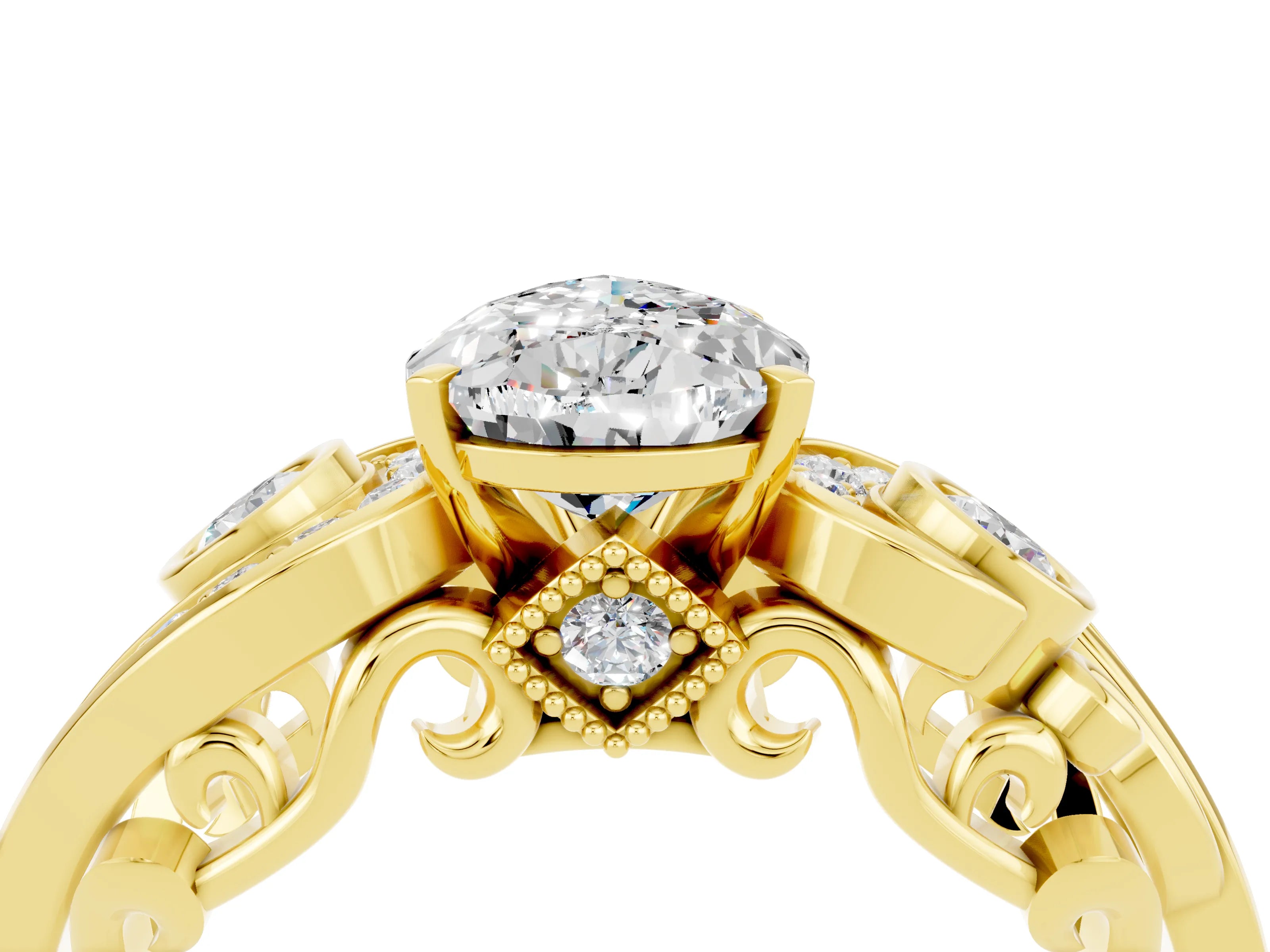 Yellow gold Pear Cut Moissanite Solitaire Ring with Milgrain Pavé Band and Four-Prong Setting_52