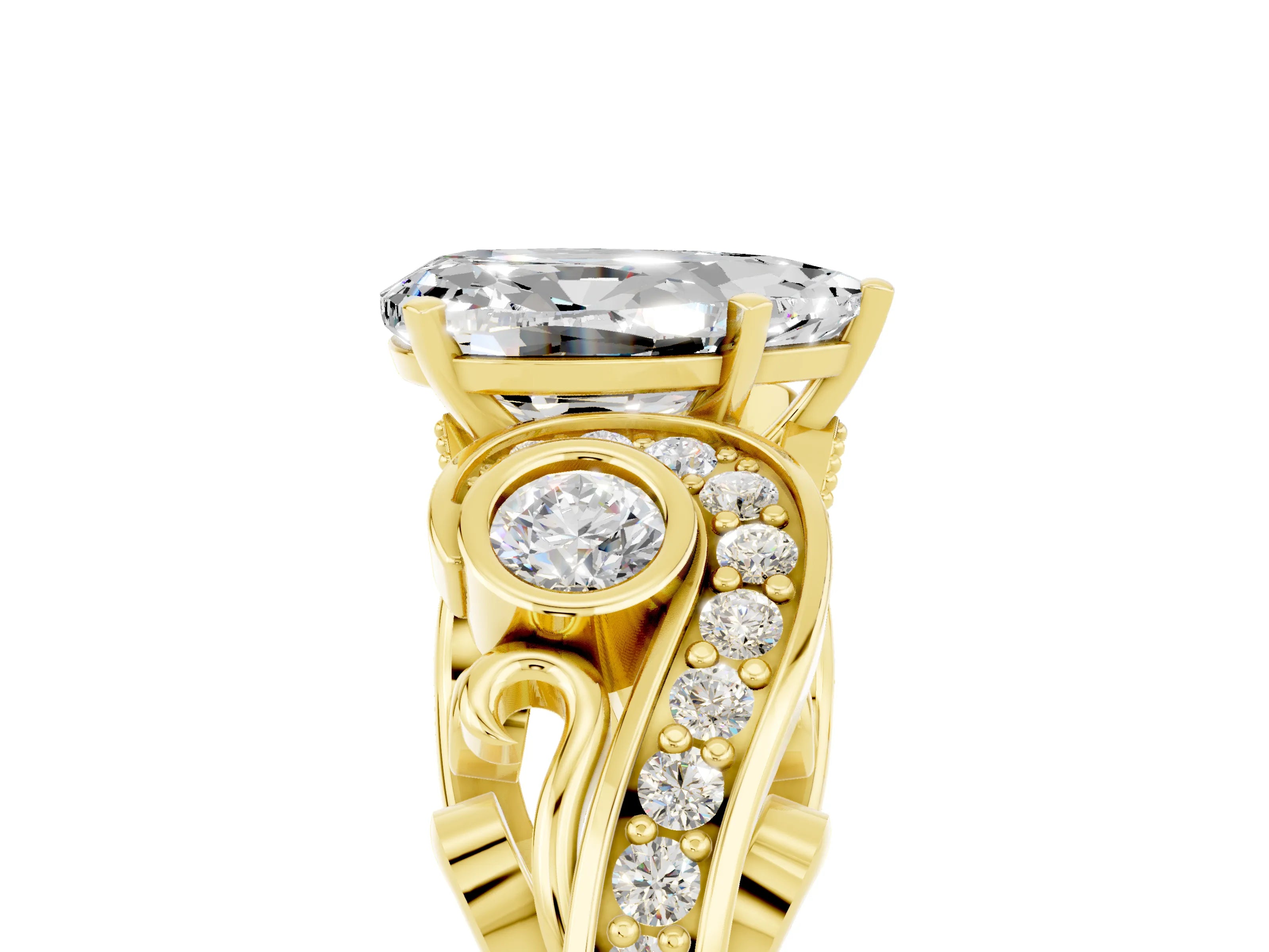 Yellow gold Pear Cut Moissanite Solitaire Ring with Milgrain Pavé Band and Four-Prong Setting_53