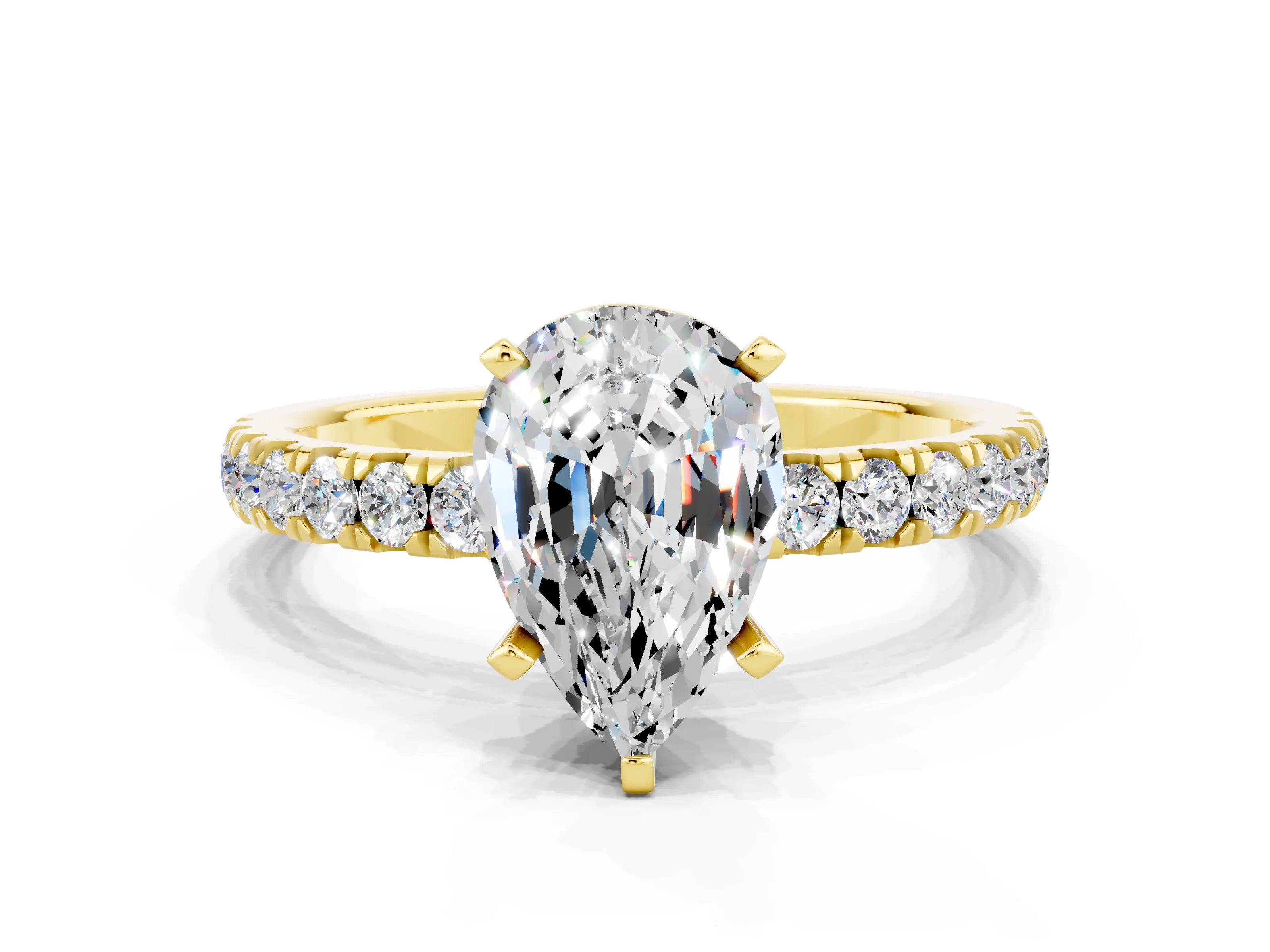Yellow gold Pear Cut Moissanite Solitaire Ring with Pavé Accents and Four-Prong Setting