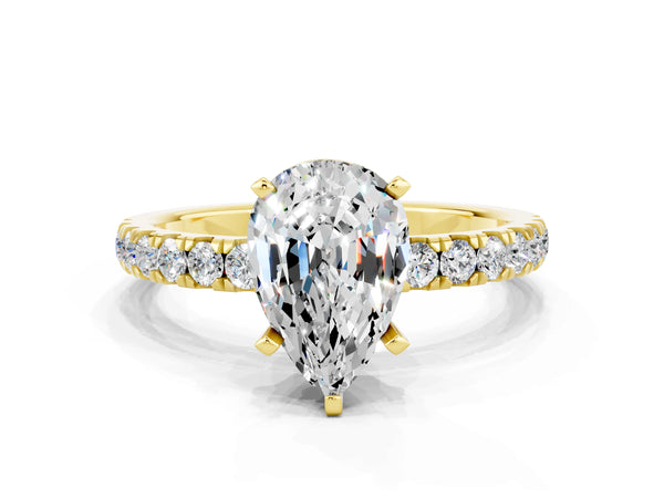 Yellow gold Pear Cut Moissanite Solitaire Ring with Pavé Accents and Four-Prong Setting