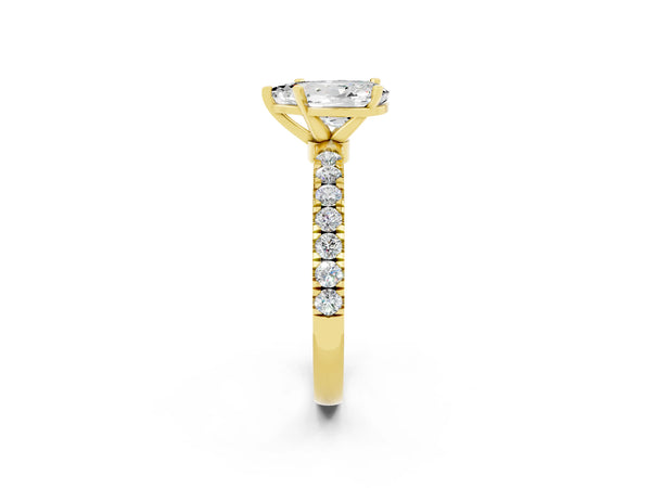 Yellow gold Pear Cut Moissanite Solitaire Ring with Pavé Accents and Four-Prong Setting