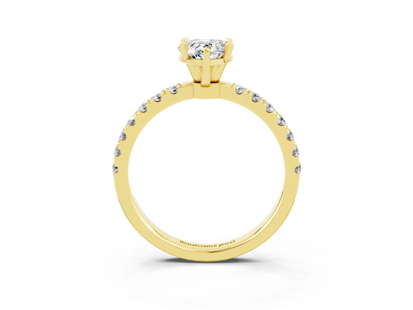 Yellow gold Pear Cut Moissanite Solitaire Ring with Pavé Accents and Four-Prong Setting