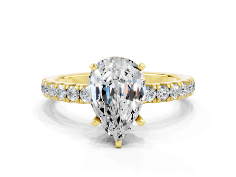 Yellow gold Pear Cut Moissanite Solitaire Ring with Pavé Accents and Four-Prong Setting