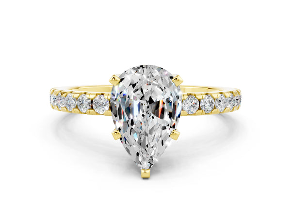 Yellow gold Pear Cut Moissanite Solitaire Ring with Round  Pavé Band and Four-Prong Setting