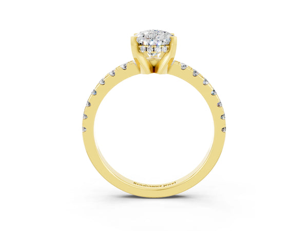 Yellow gold Pear Cut Moissanite Solitaire Ring with Round  Pavé Band and Four-Prong Setting