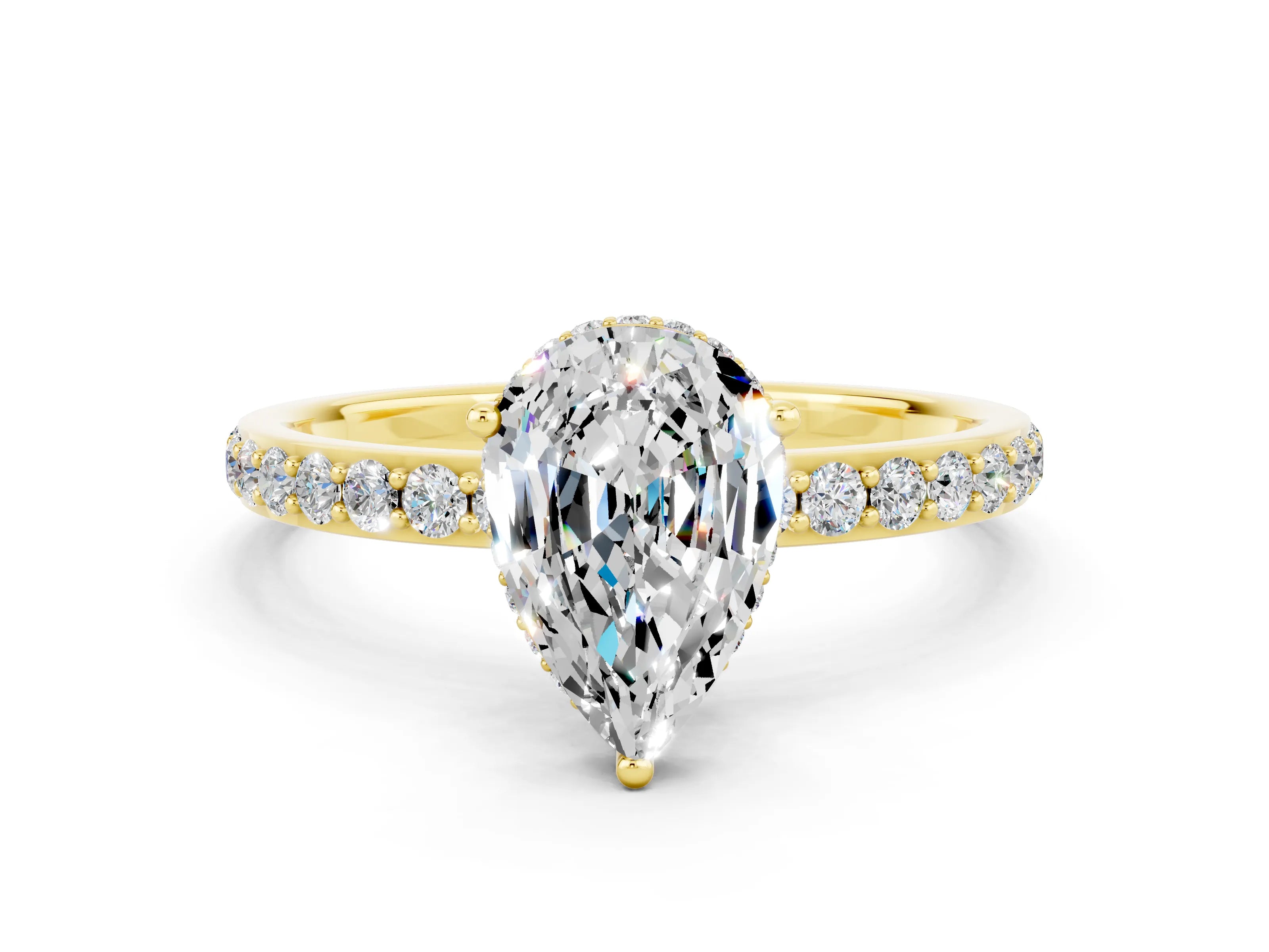 Yellow gold Pear Cut Moissanite Solitaire Ring with Pavé Band and Hidden Halo_12