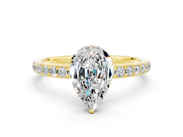 Yellow gold Pear Cut Moissanite Solitaire Ring with Pavé Band and Hidden Halo