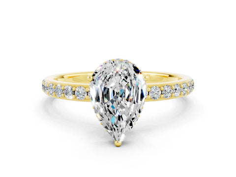 Yellow gold Pear Cut Moissanite Solitaire Ring with Pavé Band and Hidden Halo_12