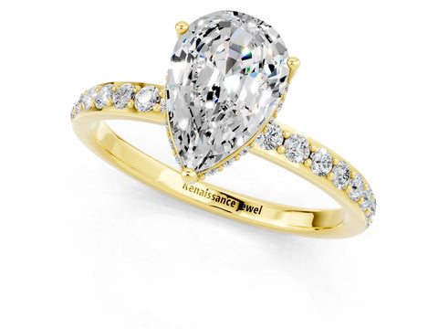 Yellow gold Pear Cut Moissanite Solitaire Ring with Pavé Band and Hidden Halo_13