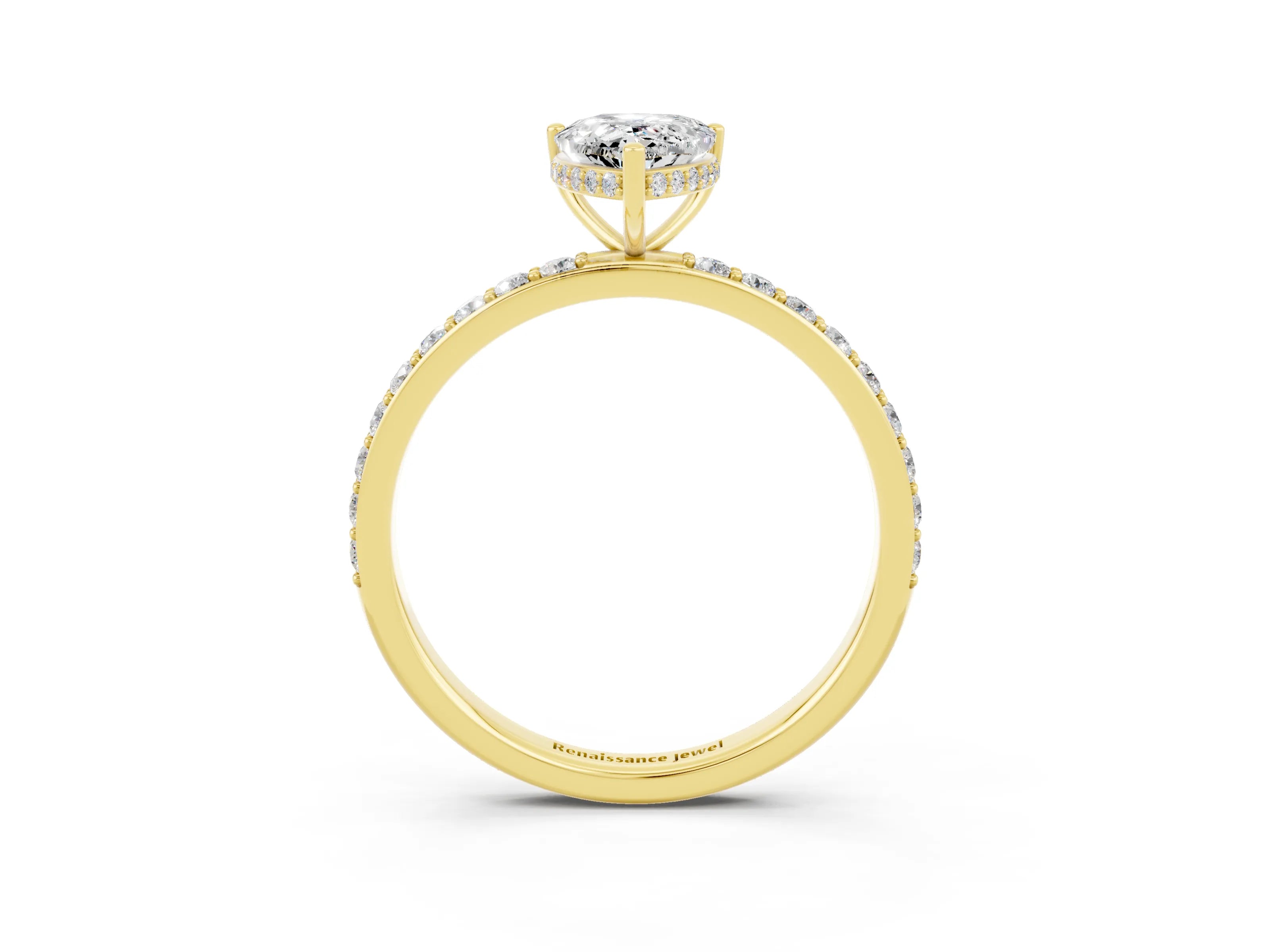 Yellow gold Pear Cut Moissanite Solitaire Ring with Pavé Band and Hidden Halo_15