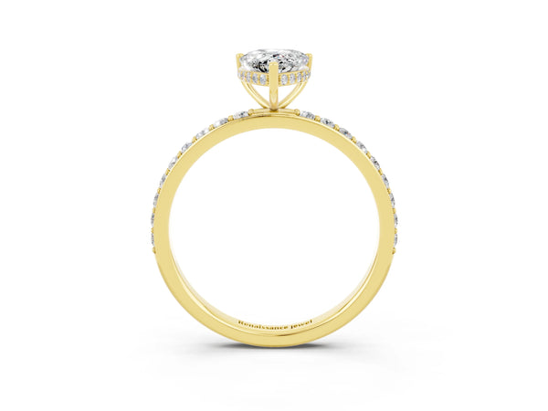 Yellow gold Pear Cut Moissanite Solitaire Ring with Pavé Band and Hidden Halo