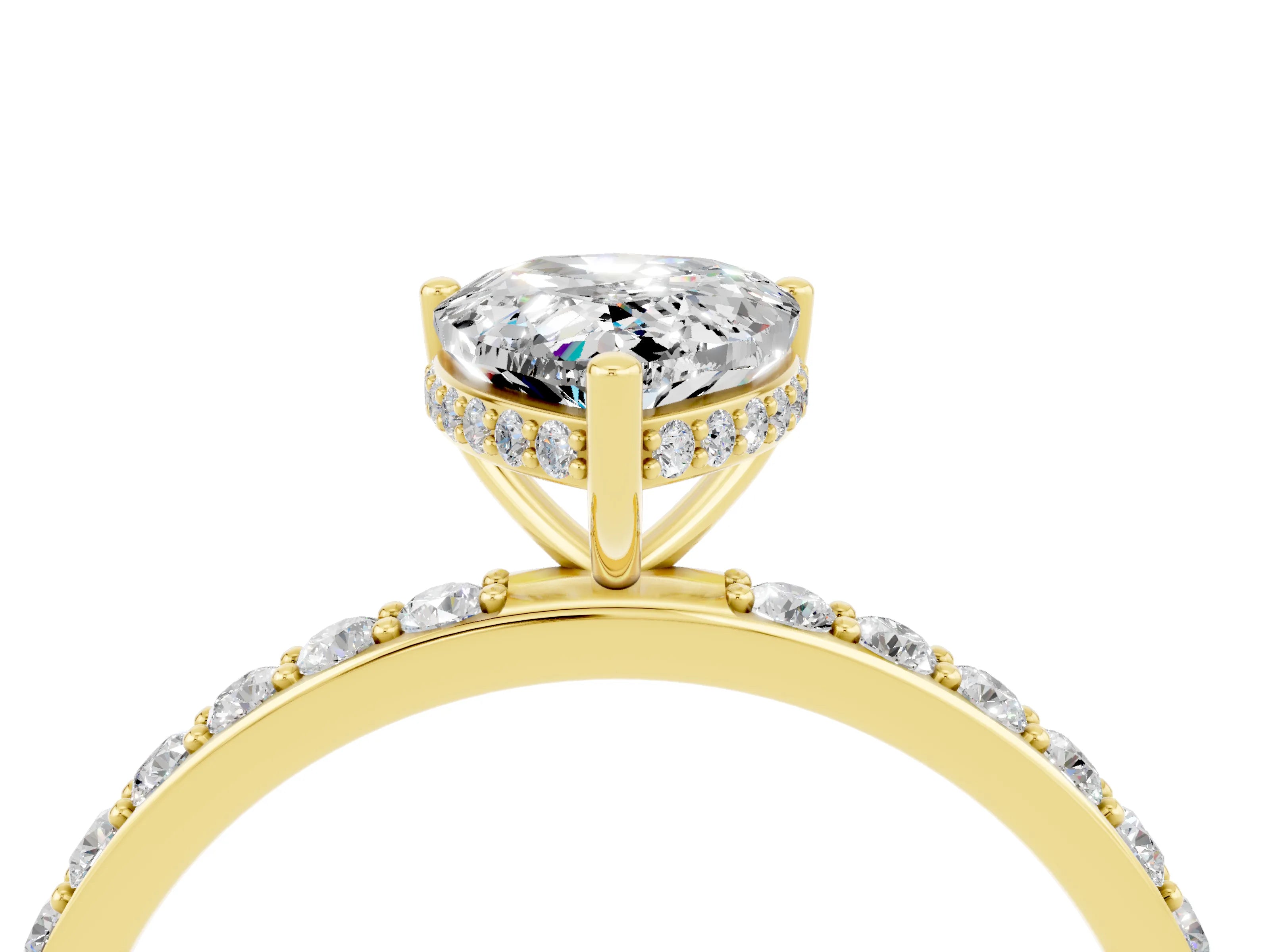 Yellow gold Pear Cut Moissanite Solitaire Ring with Pavé Band and Hidden Halo_16