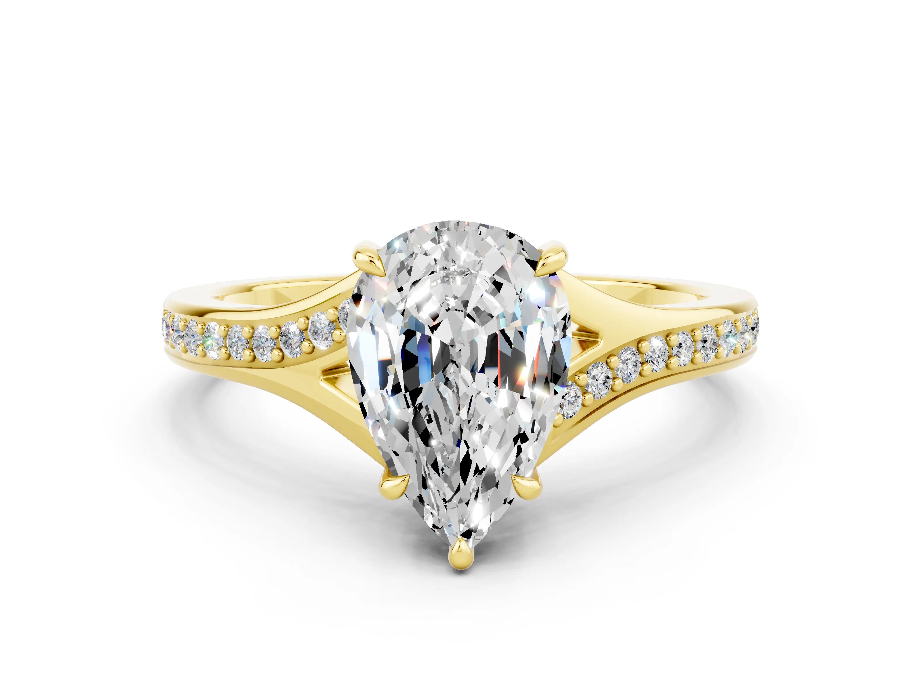 Yellow gold Pear Cut Moissanite Solitaire Ring with Pavé Band and Prong Setting_12