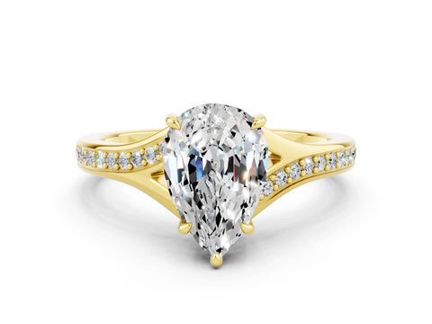 Yellow gold Pear Cut Moissanite Solitaire Ring with Pavé Band and Prong Setting_12