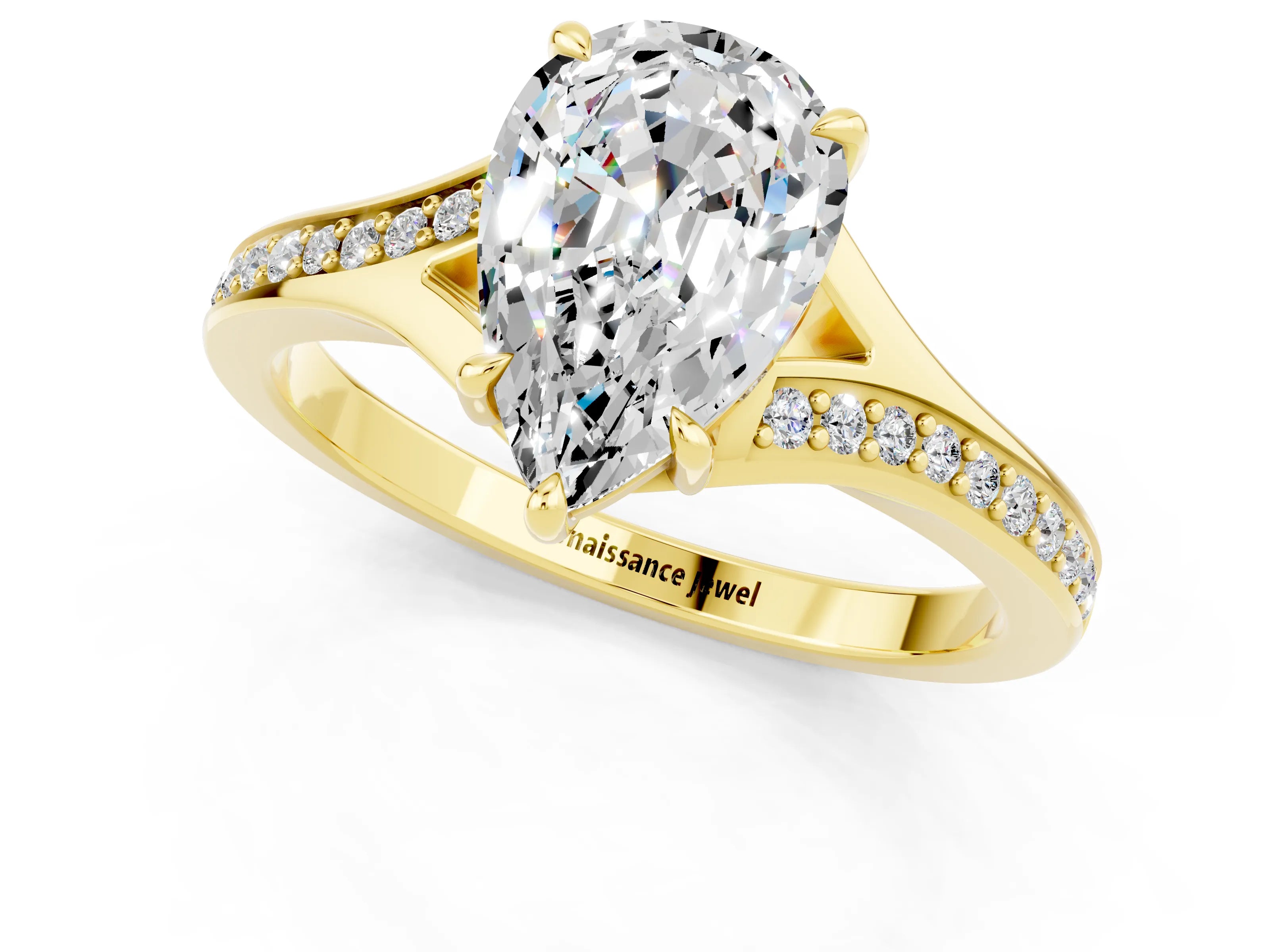 Yellow gold Pear Cut Moissanite Solitaire Ring with Pavé Band and Prong Setting_13
