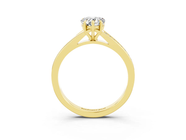 Yellow gold Pear Cut Moissanite Solitaire Ring with Pavé Band and Prong Setting