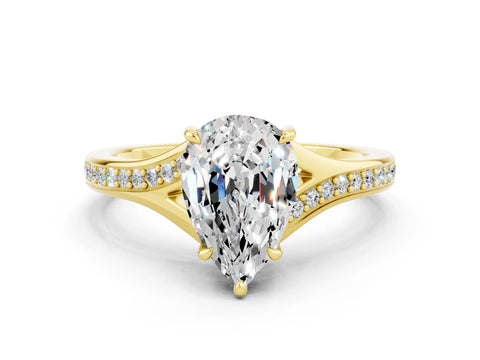Yellow gold Pear Cut Moissanite Solitaire Ring with Pavé Band and Prong Setting