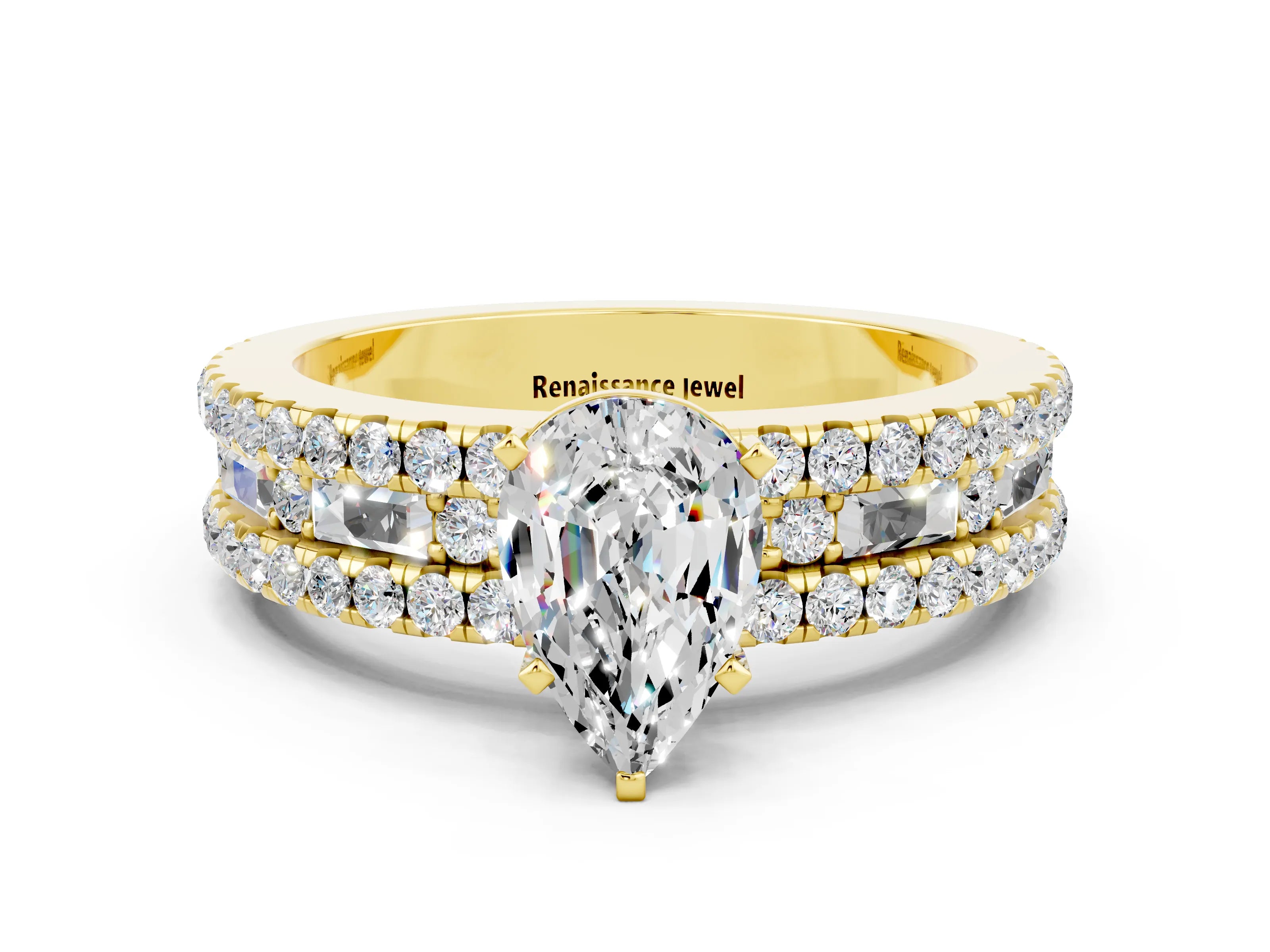 Yellow gold Pear Cut Moissanite Solitaire Ring with Pavé and Channel Set Band