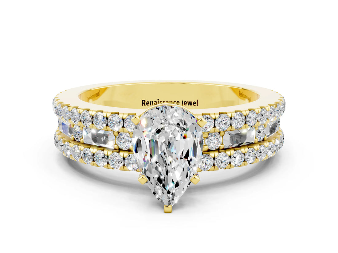 Yellow gold Pear Cut Moissanite Solitaire Ring with Pavé and Channel Set Band
