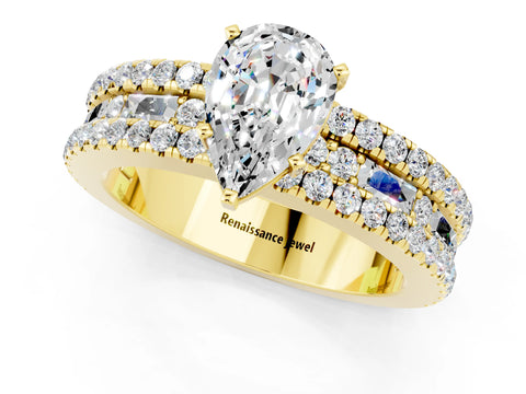Yellow gold Pear Cut Moissanite Solitaire Ring with Pavé and Channel Set Band_1