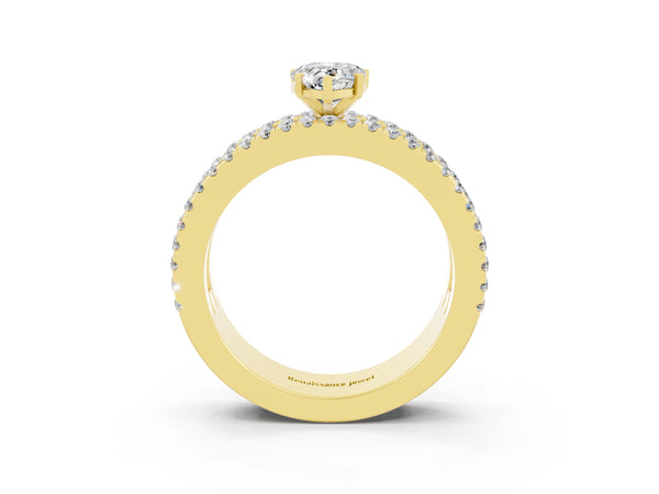 Yellow gold Pear Cut Moissanite Solitaire Ring with Pavé and Channel Set Band
