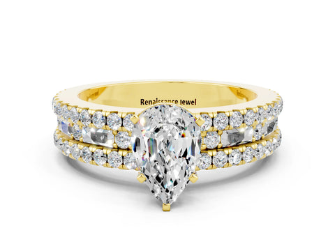 Yellow gold Pear Cut Moissanite Solitaire Ring with Pavé and Channel Set Band