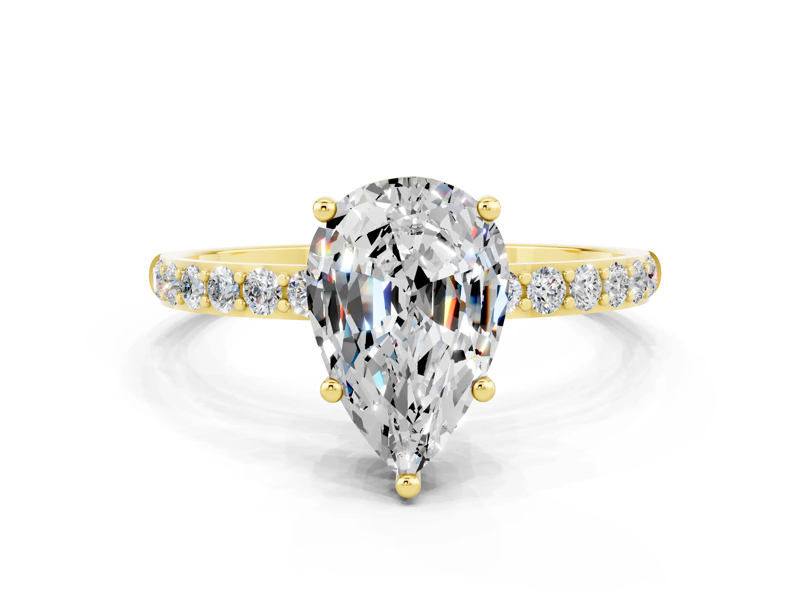Yellow gold Pear Cut Moissanite Solitaire Ring with Pave Band and Four Prong Setting_24