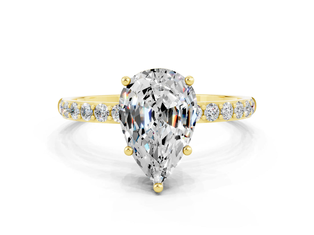Yellow gold Pear Cut Moissanite Solitaire Ring with Pave Band and Four Prong Setting_24