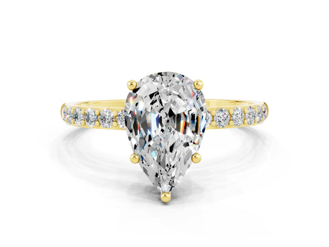 Yellow gold Pear Cut Moissanite Solitaire Ring with Pave Band and Four Prong Setting_24