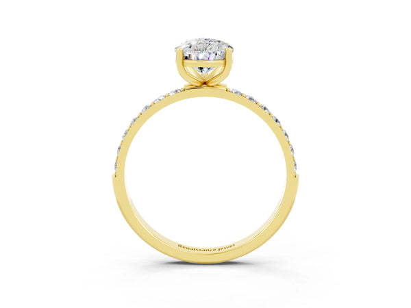 Yellow gold Pear Cut Moissanite Solitaire Ring with Round  Pavé Band and Prong Setting