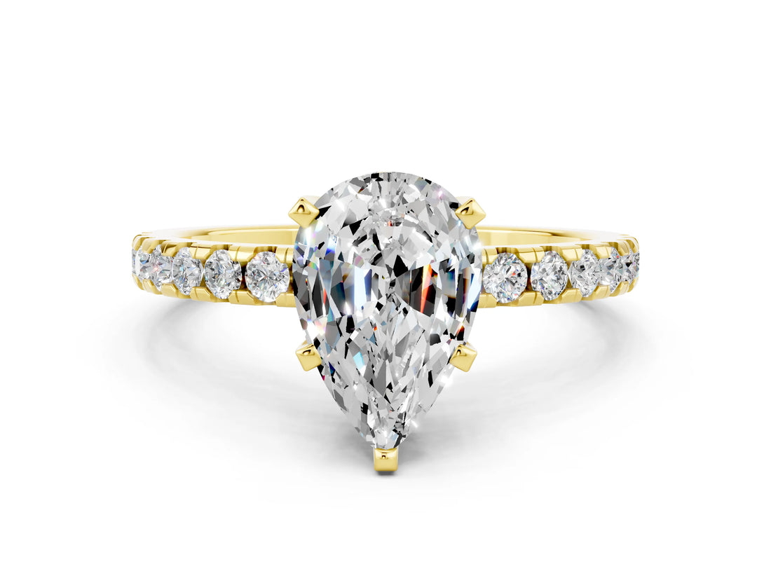 Yellow gold Pear Cut Moissanite Solitaire Ring with Round  Pavé Band and Four-Prong Setting_42