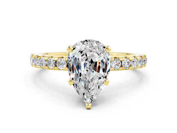 Yellow gold Pear Cut Moissanite Solitaire Ring with Round Pavé Band and Four-Prong Setting