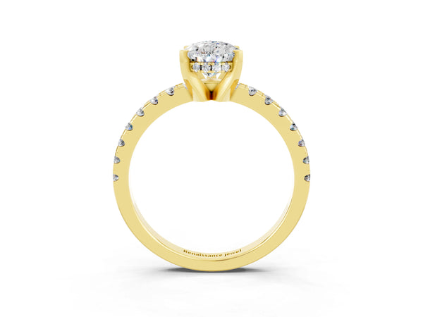 Yellow gold Pear Cut Moissanite Solitaire Ring with Round Pavé Band and Four-Prong Setting