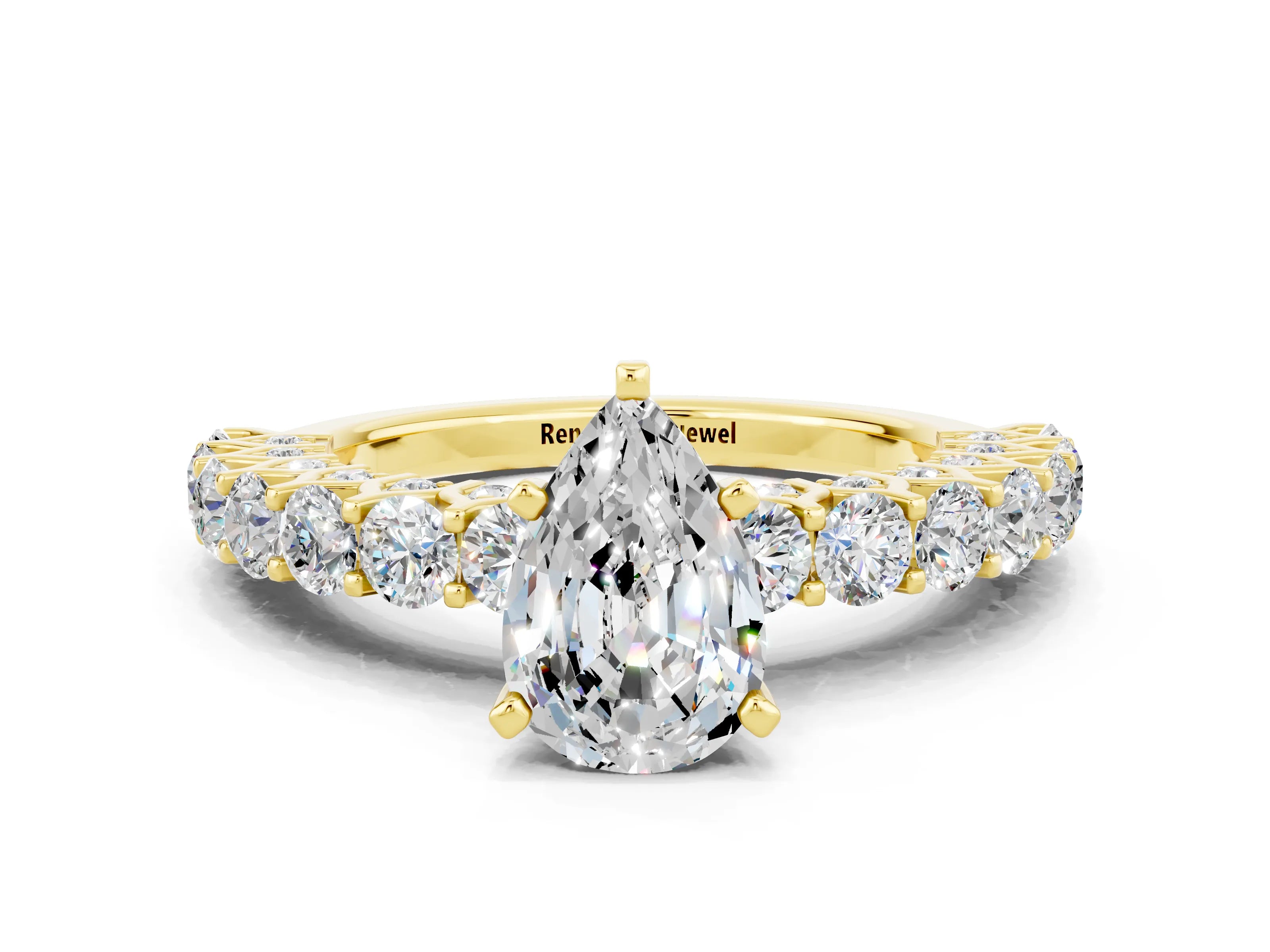 Yellow gold Pear Cut Moissanite Solitaire Ring with Shared Prong Pavé Band and Four-Prong Setting