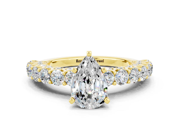 Yellow gold Pear Cut Moissanite Solitaire Ring with Shared Prong Pavé Band and Four-Prong Setting