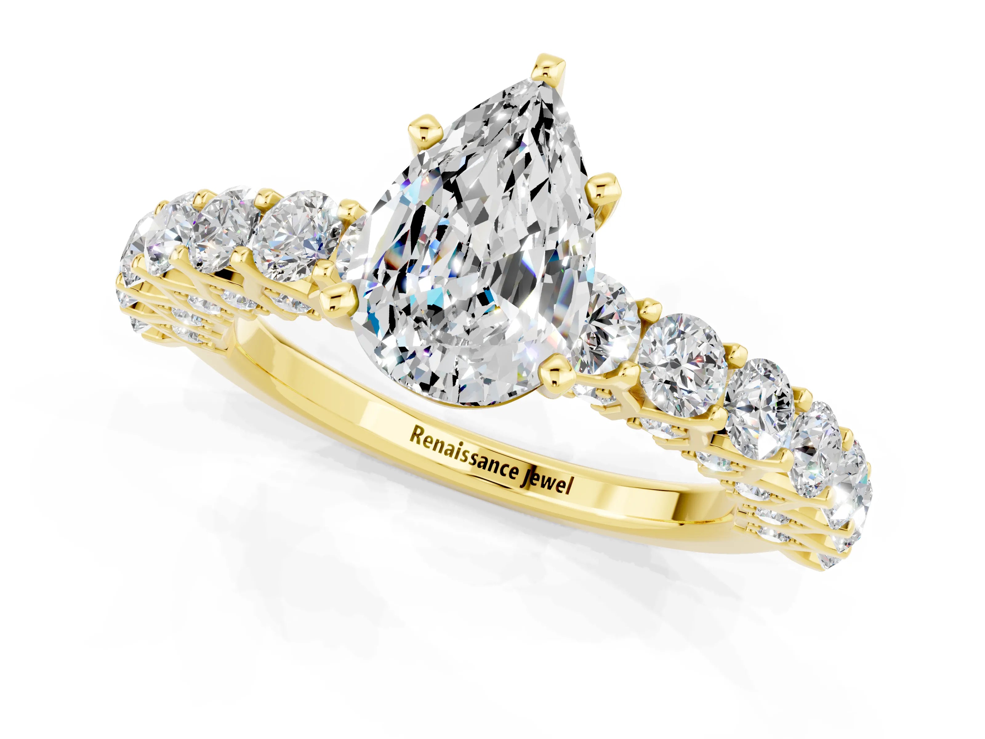 Yellow gold Pear Cut Moissanite Solitaire Ring with Shared Prong Pavé Band and Four-Prong Setting_1