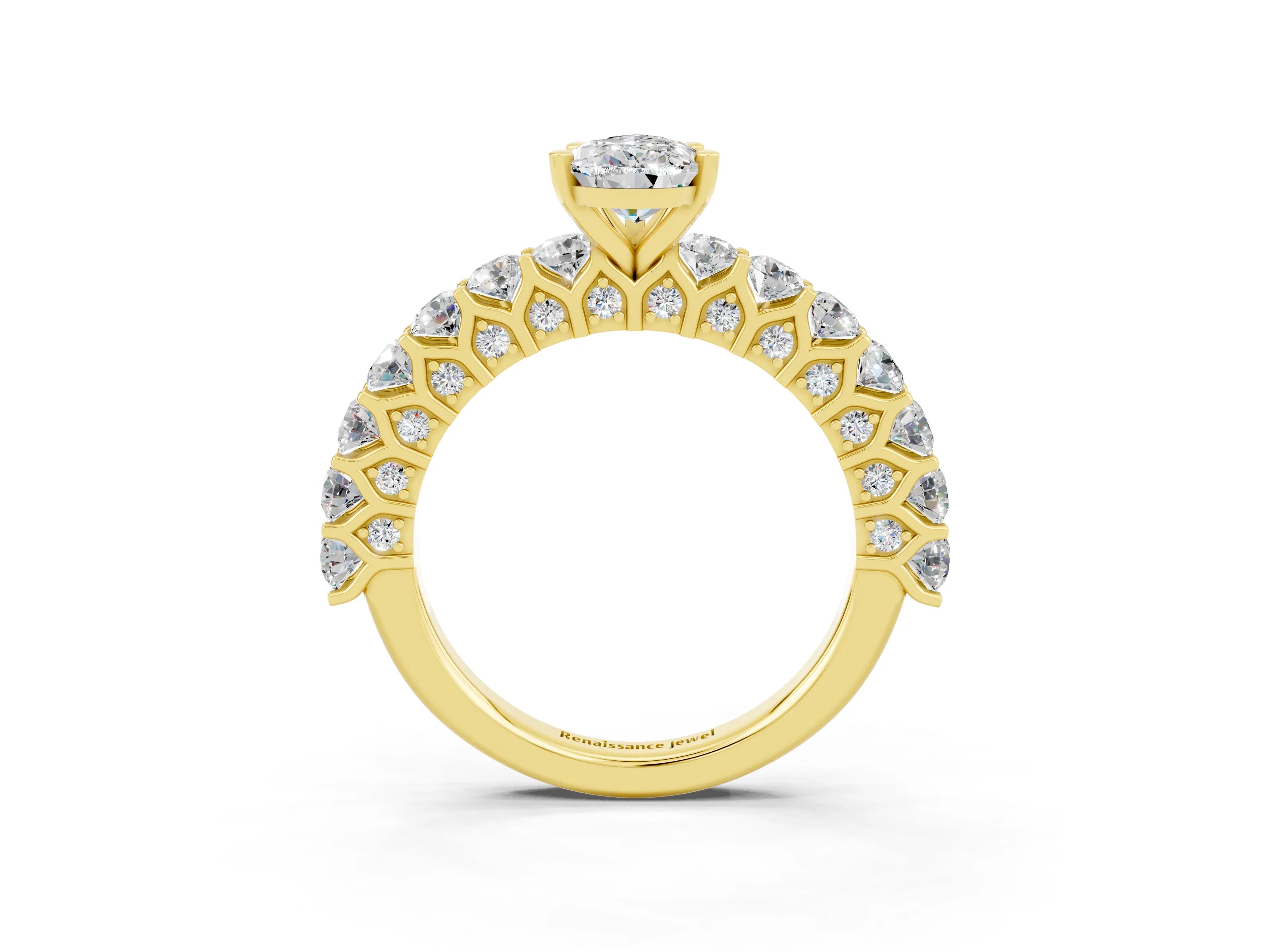 Yellow gold Pear Cut Moissanite Solitaire Ring with Shared Prong Pavé Band and Four-Prong Setting_3