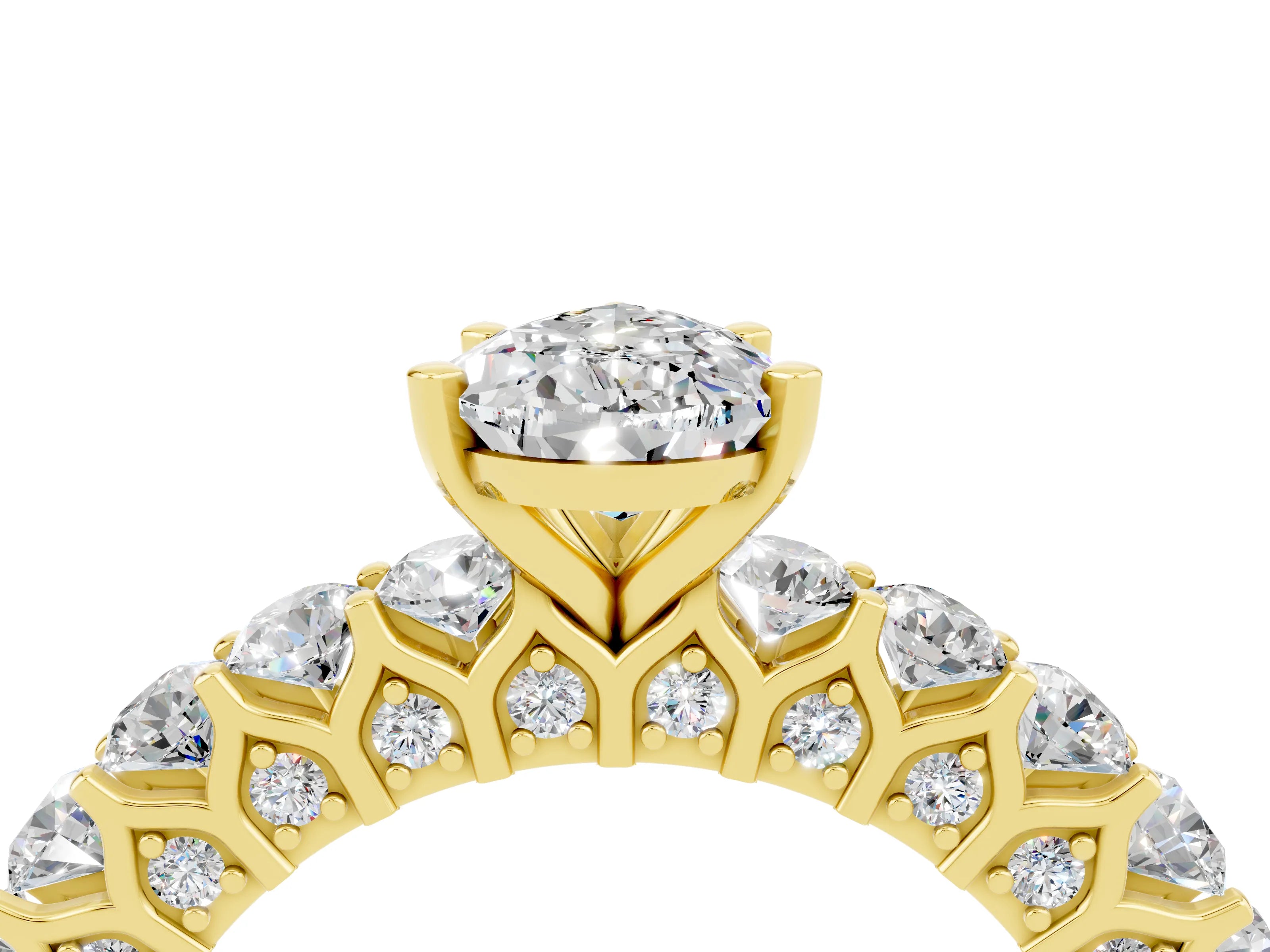 Yellow gold Pear Cut Moissanite Solitaire Ring with Shared Prong Pavé Band and Four-Prong Setting_4