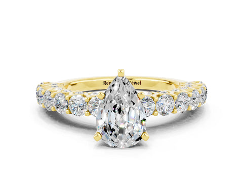 Yellow gold Pear Cut Moissanite Solitaire Ring with Shared Prong Pavé Band and Four-Prong Setting